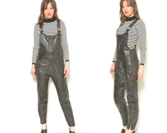 Real Leather Zipper Overalls /Vintage 80s  Biker Genuine Leather Pants Overalls - Size Small