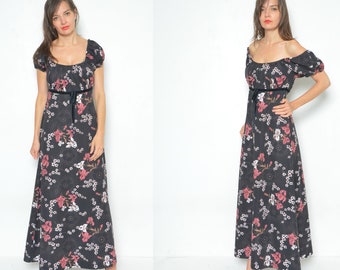 Floral Shoulderless Dress / Vintage 80s Off The Shoulder  Long Off The Shoulder  Dress - Size Medium