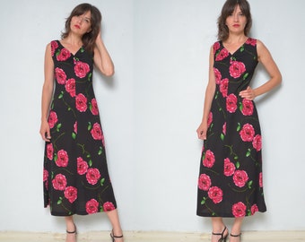 Floral Maxi Dress / Vintage 70s Colorful  Sleeveless Black Long Summer Flower Print Sundress - Size Medium