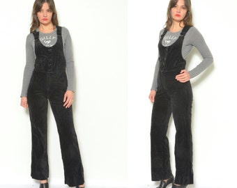 Corduroy Overalls / Vintage 70s Black Velvet Button Zipper Suspender Flared Pants - Size Extra Small