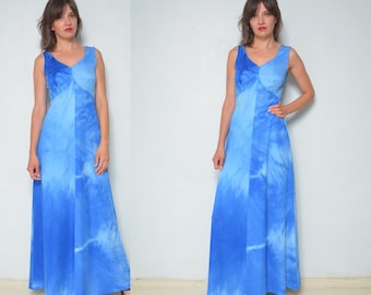 Tie Dye Maxi Dress / Vintage 80's Sleeveless Blue Flared Long Dress - Size Small