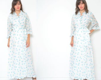 Ruffled 70s Robe / Vintage Wide Sleeve Wrap up Belted Long Maxi Floral House Dress - Size Medium/Small