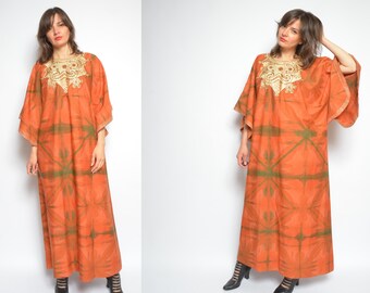 Embroidered Tie Dye Tunic / Vintage 90s Long Maxi Kaftan Dress - Size Large