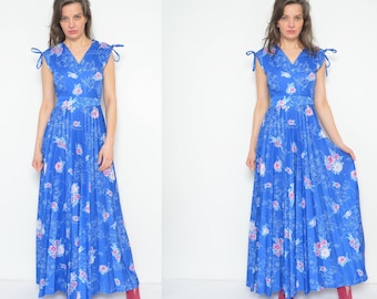 Vintage 80s Accordion Pleated Dress /Floral Print Fitted Waist Sleeveless Dress - Size Extra Small