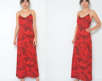 Robe Floral Strappy / vintage 90s Rose Pattern Flower Print Straight Sleeveless Spaghetti Strap Long Maxi Dress - Taille Large