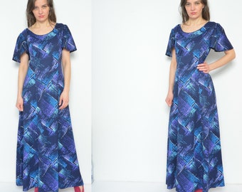 80's Abstract Print Dress / Vintage Geometric Pattern Colorful Blue Short Sleeve Maxi Dress - Size Medium