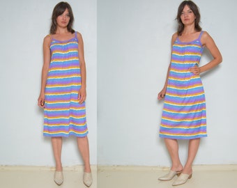 Vestido de verano con tirantes / Vestido largo sin mangas con rayas coloridas de los años 80 - Talla pequeña