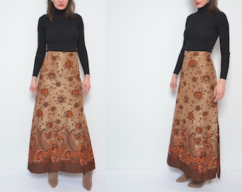 Metallic Maxi Skirt Vintage 70's /Paisley Floral Pattern  Pattern High Waisted Long Skirt - Size Medium/Small