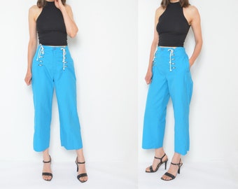 Lace Up Cropped Pants / Vintage 80s High Waist Wide Leg Pocket Summer Trousers  - Size Large