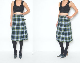 Vintage Green Plaid Skirt Fashion by Bredo / Wrap Tartan Skirt / Scottish Skirt / Checkered Skirt / High Waist Midi Skirt / 80s Large Skirt