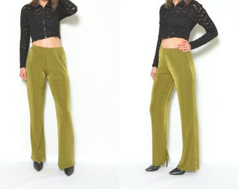 90s Wide Leg Pants / Vintage Elastic Waist Olive Green Stretchy Trousers - Size Small