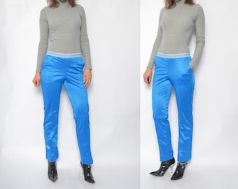 Sports Turquoise Pants / Vintage 80s Center Creased Glossy Straight Leg Side Zippers Trousers - Size Small