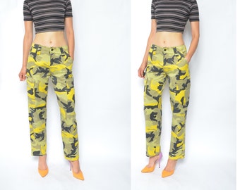 Pantalones de camuflaje/Pantalones militares vintage amarillos de los años 90 con bolsillos - Talla mediana