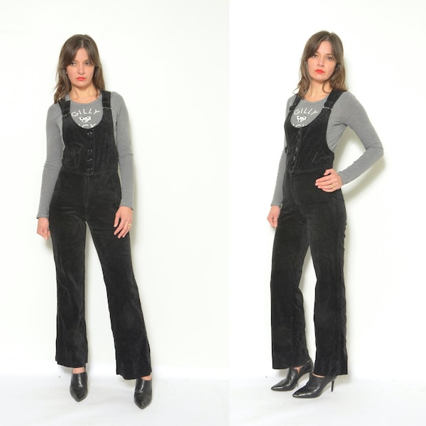 Corduroy overall / vintage jaren '70 zwart fluwelen knop rits jarretel uitlopende broek - maat extra klein