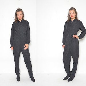 Vintage 80s Metallic Jumpsuit – Shiny One Piece with Zipper & Tapered Legs – Long Sleeve – Size Large
