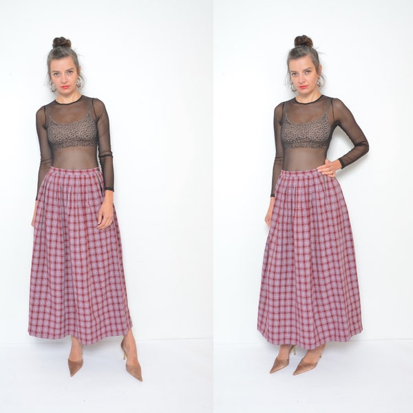 Jupe Maxi Plaid des années 80 / Jupe longue plissée vintage taille haute style folk - Taille