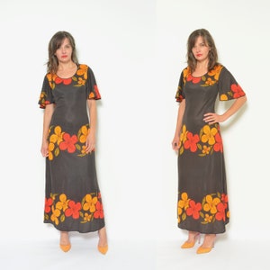 Vintage 70s Psychedelic Floral Maxi Dress, Sheer Long Vintage 70s Psychedelic Floral Maxi Dress, Sheer Long