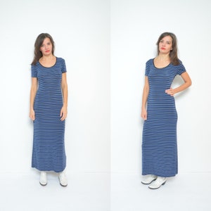 Sheer Long Dress / Vintage 90s Striped Short Sleeve See Through Maxi Dress - Size Medium