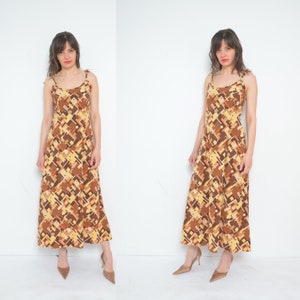 Geometrisches Buntes Kleid / Vintage 90er Jahre Ärmelloses Multi Color Flared Maxi Kleid - Größe Medium