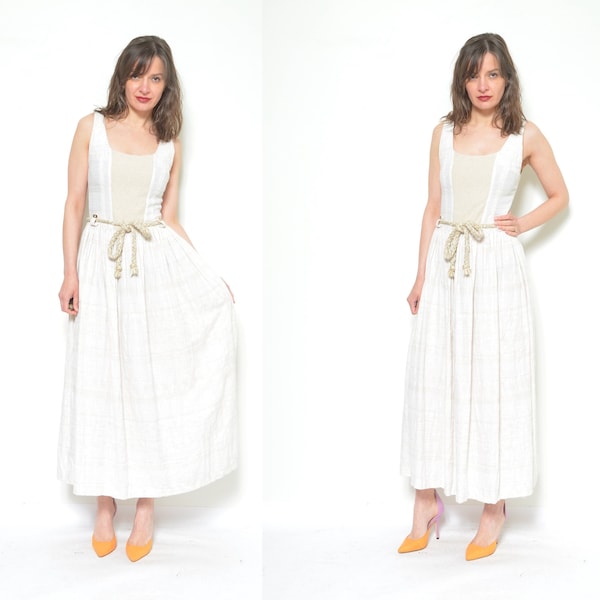 Folk Linen  Maxi Dress / Vintage 90s Sleeveless Natural Austrian Tyrol Rope Belt  Dress - Size  Small