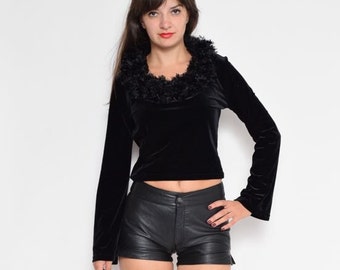 Vintage 90&#39;s  Black Velvet Long Bell Sleeve Blouse