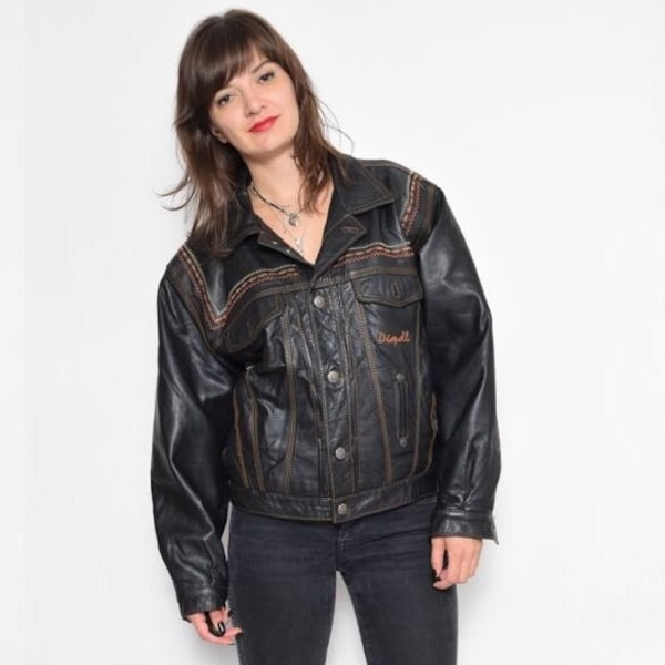 Blouson en cuir noir vintage des années 90 / Blouson en cuir véritable avec boutons brodés taille M