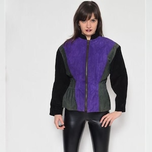Vintage 80s Suede Jacket / Color Block Leather Fitted Jacket Size S
