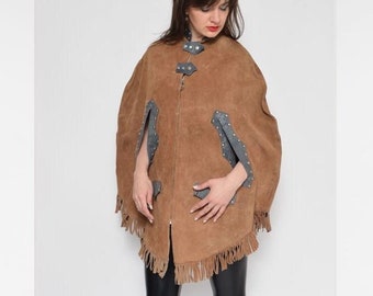 Suede Leather Fringe Cape / Vintage 70&#39;s Real Leather Southwestern Coat