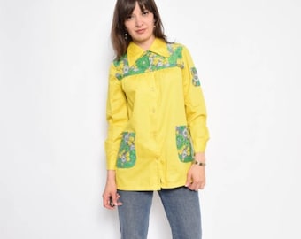 Vintage 70's Lemon Yellow Button Shirt / Yellow Tent Top - Size Extra Small