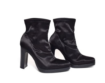 Satin Chunky Heel Boots / Vintage 90s Ankle Shiny Black High Heels Booties