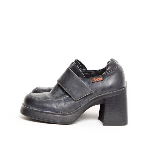 Vintage des années 90 en cuir bleu Chunky talons bottes plateforme avec bande Velcro