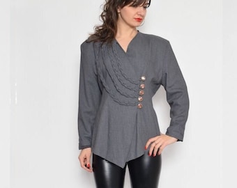 80s Embellished Wool Jacket - Gray with Braided Buttons - Size Large