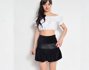 90s Black Corduroy Mini Skirt: High Waisted Puffy Skirt - Extra Small