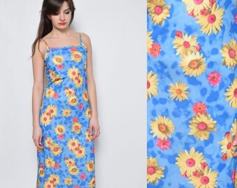 Vintage 90's Daisy Print Maxi Dress/ Sleeveless Floral Long Grunge Summer Dress - Size medium