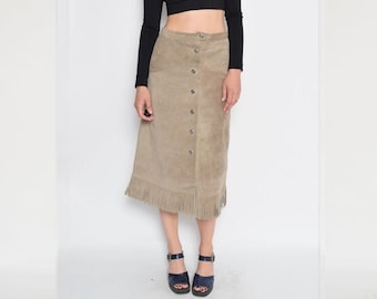 Vintage 80s Suede Leather Fringe Skirt: High Waist Button Up, Medium