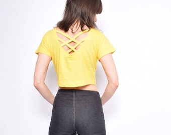 Vintage 90's Lemon Yelow Crop Top - Size Medium