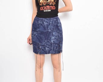 Vintage 90's Denim Print Skirt / Lace Up Mini Denim SKirt - Size Large