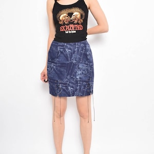 Gonna con stampa denim vintage anni &#39;90/minigonna in denim con lacci - Taglia grande