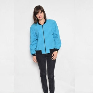 Vintage 90&#39;s Turquoise Zipper Jacket / Pinstriped Zipper Bomber Jacket - Size Large