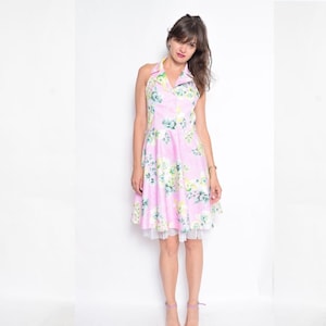 Vintage 90&#39;s Floral Halter Puffy Dress / Sleeveless Pink Midid Dress / Backless Floral Dress - Size Medium
