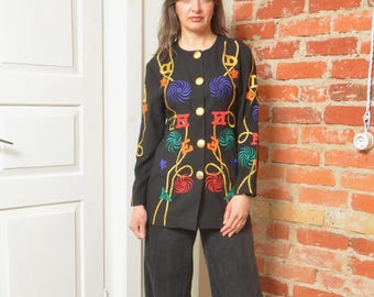 Vintage Embroidered Statement Jacket – Black Novelty Blazer – Women’s Small