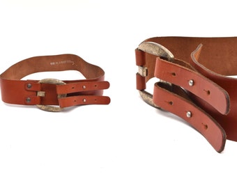Vintage 90's Wide Brown Real Leather Belt with Tarnished Silver Metal Double Post Buckle