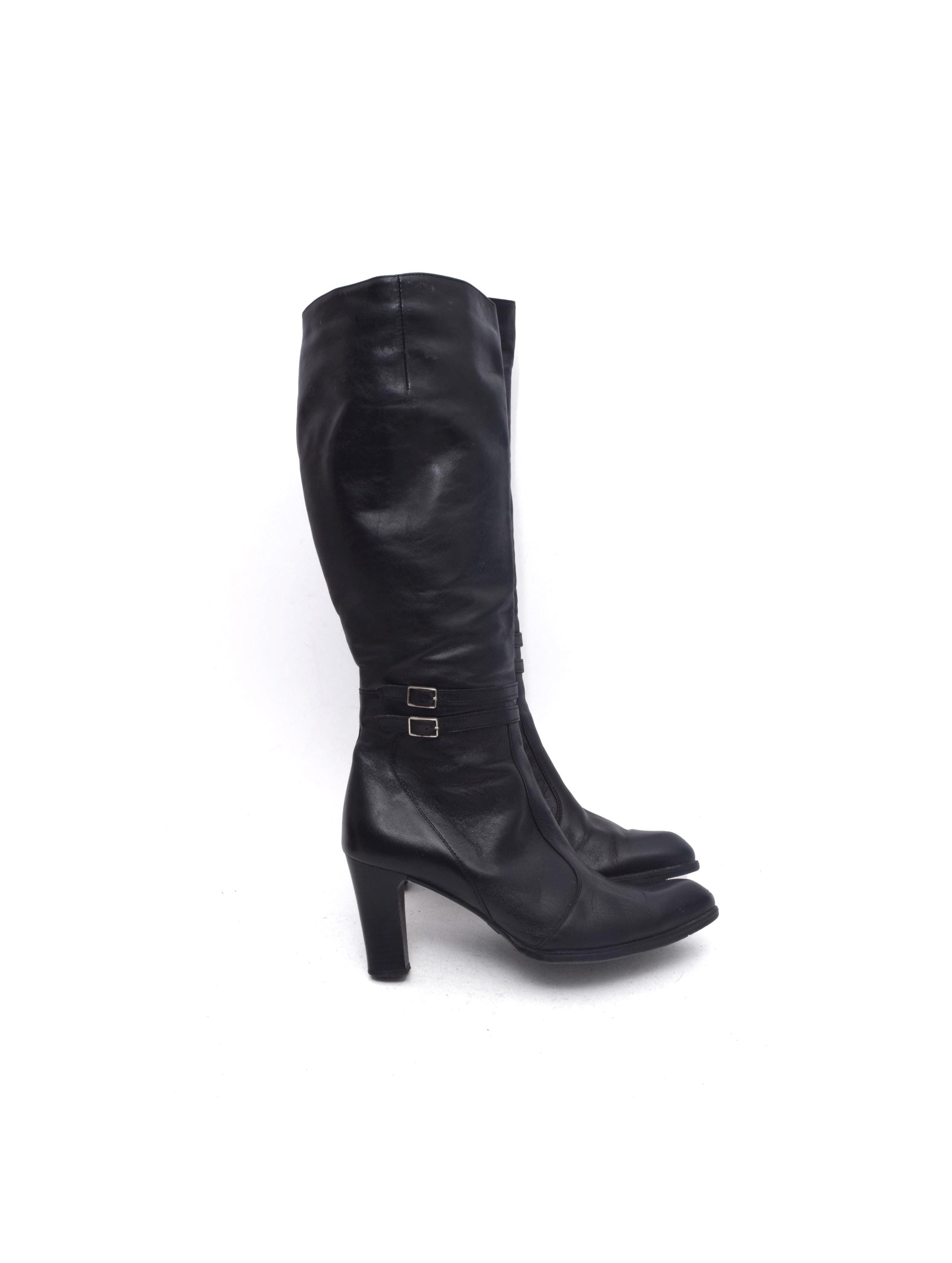 Bottes Vintage Noir CITY 55 Paris - Taille 36,5 - Cuir Italien - Talons Hauts Années 80 - Occasion Bon état