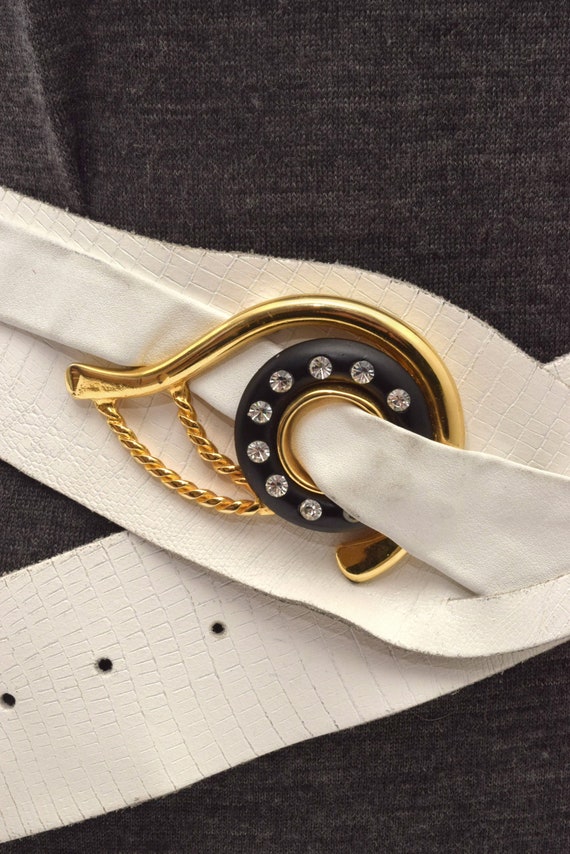 Vintage 80s White Real Leather Wide Belt with Lar… - image 3