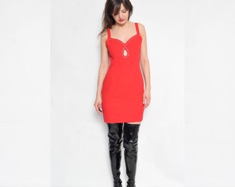 Vintage 90s Red Mini Dress: Keyhole Cocktail Dress, Size Small/Medium