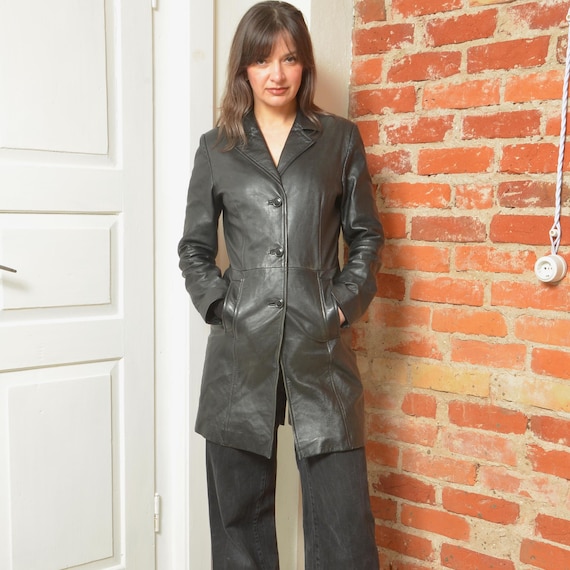 Vintage 90s Black Leather Coat – Minimalist Tailored Jacket