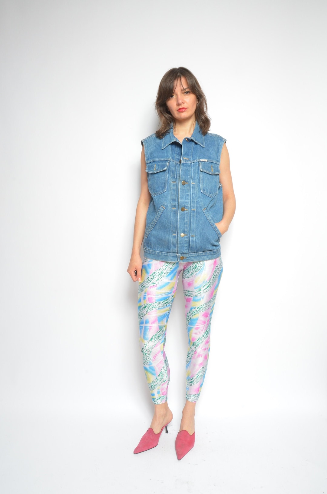 Denim Pocket Vest Vintage anni '90 Jean Button Senza maniche