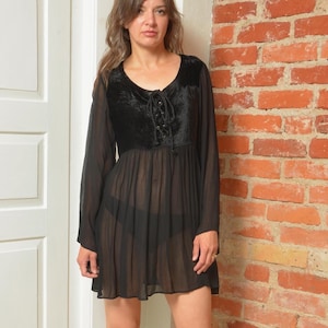 Vintage Gothic Black Mini Dress – Sheer Long Sleeve with Velvet Lace-Up Corset Top – Size XS/S