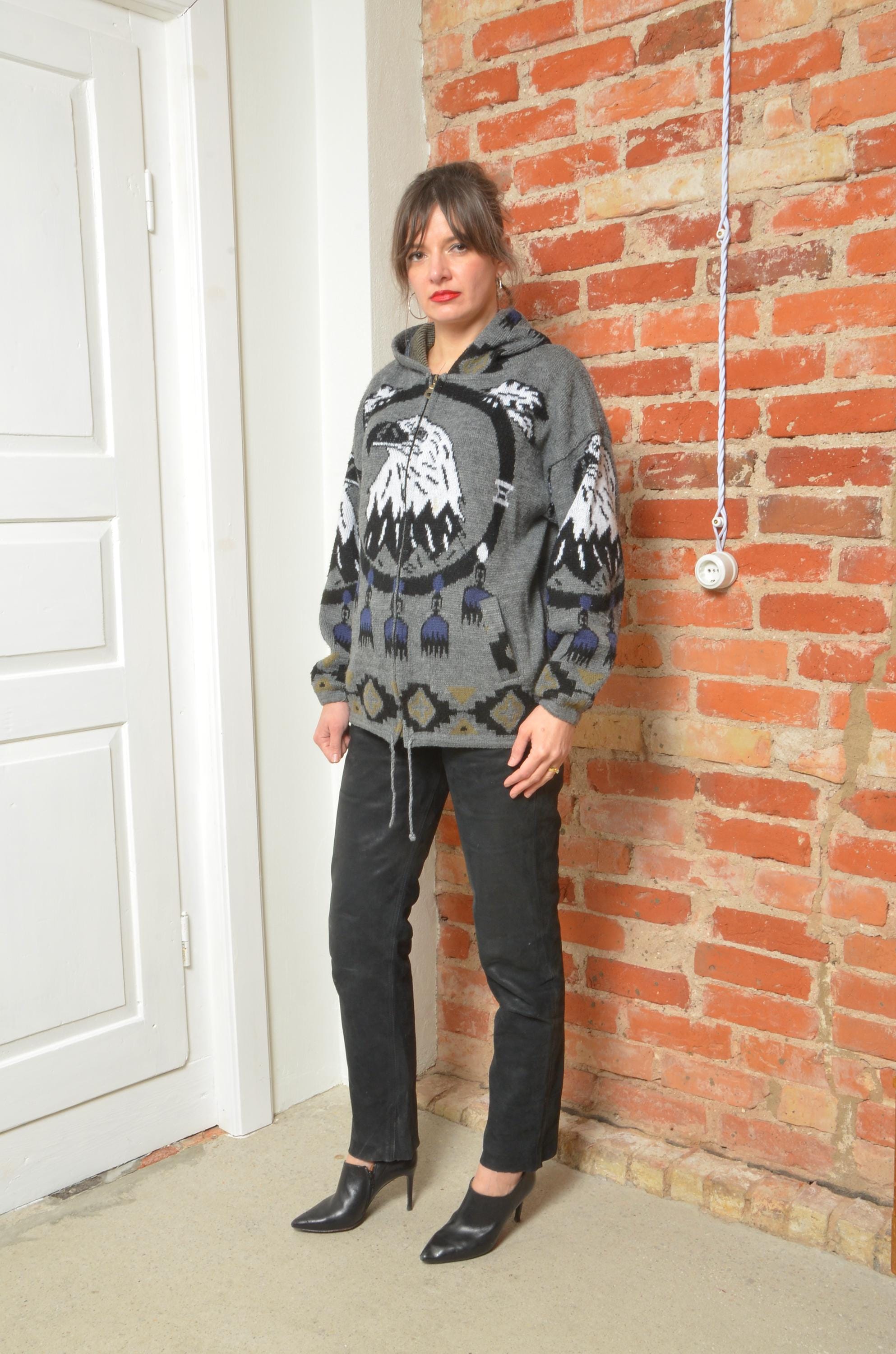 Vintage 90s Eagle Zipper Hooded Cardigan - Size Medium - Etsy