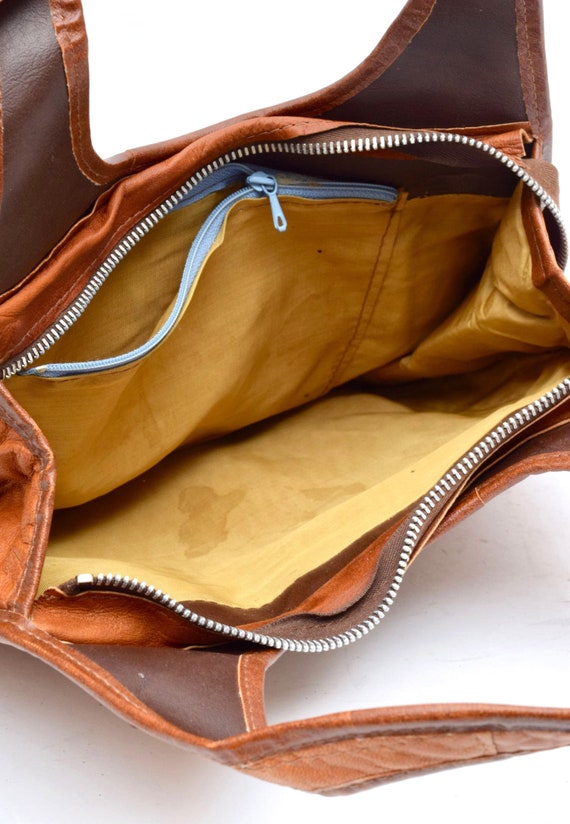 Sac Patchwork Cuir Marron Vintage Années 70-80 – épaule Deux Poignées – Style Bohème Hippie